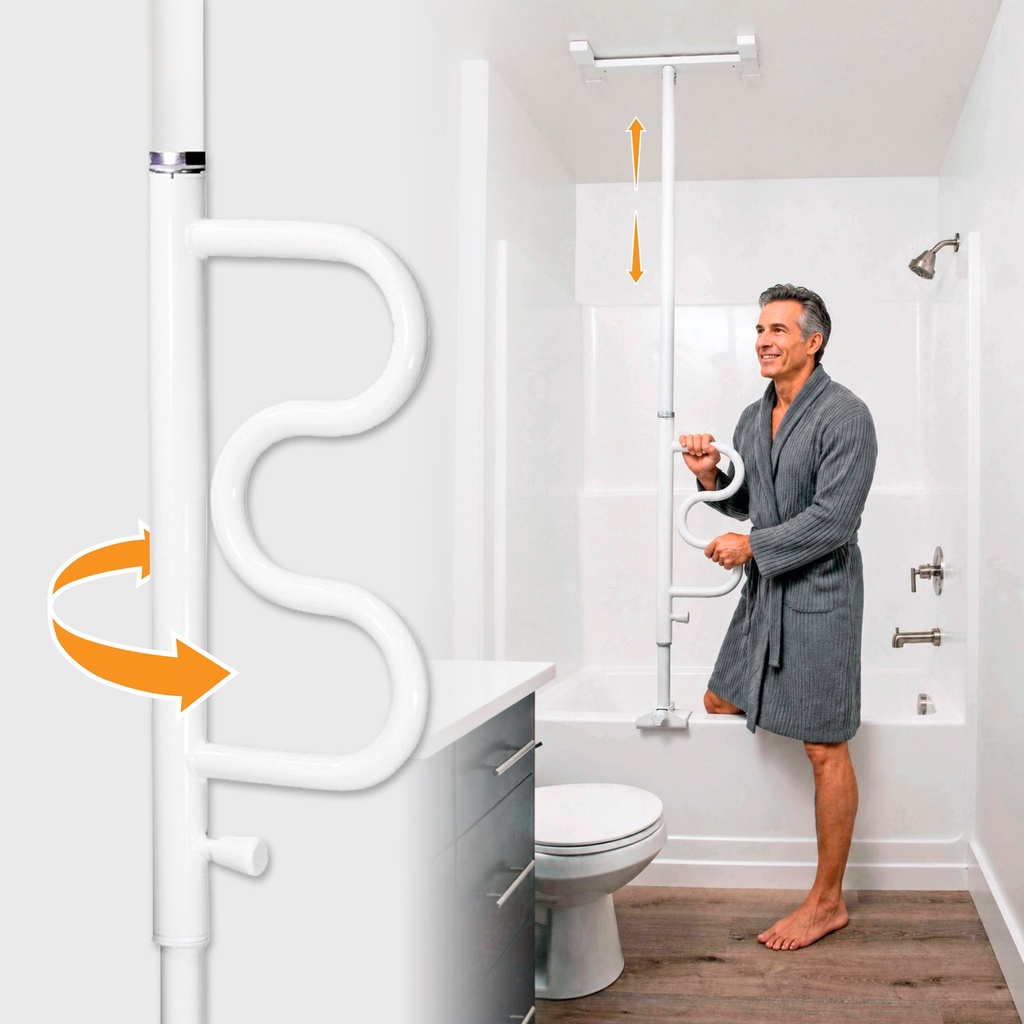 [1112-W] Wonder Bathtub Pole Plus - With Pivoting Curve Grab Bar - White